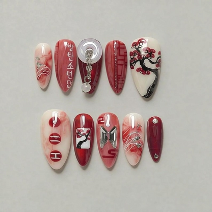 Arirang Press On Nails 2026 Traditional Korean Art Nails 3D Silver Moon Pearl Handmade Calligraphy Nails