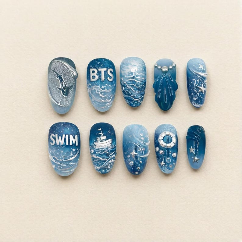 BTS Swim MV Press On Nails, Arirang Comeback 2026, 3D Shark Blue Ocean Nails, Silver Wave Kpop Nail Set, Custom Concert Gift