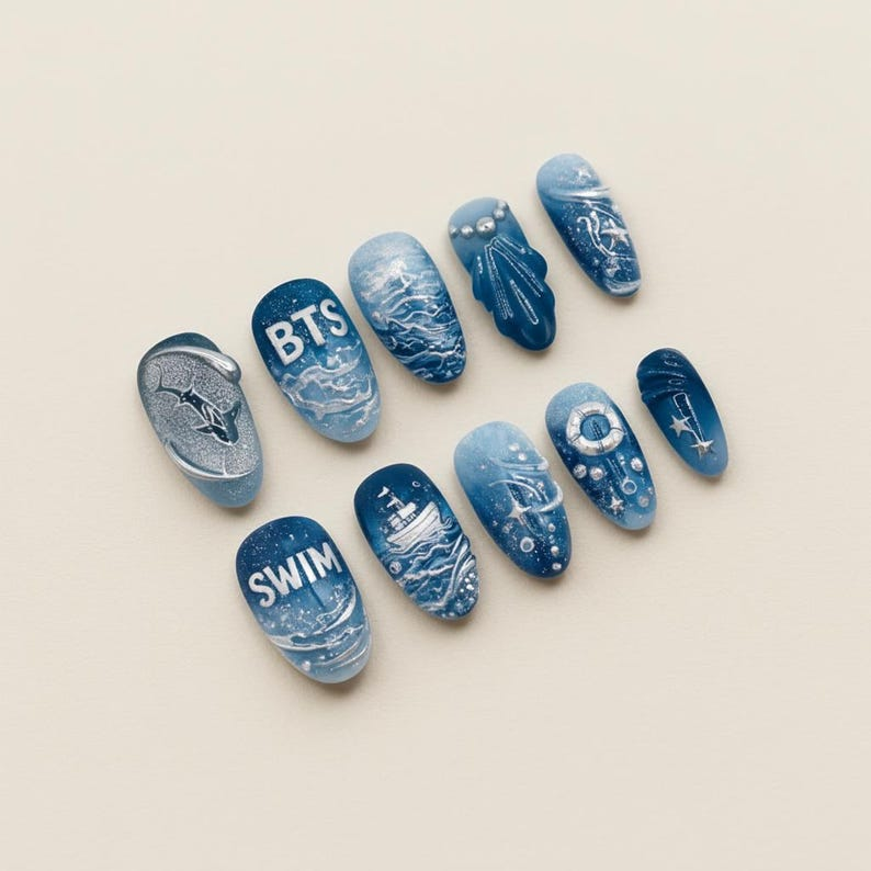BTS Swim MV Press On Nails, Arirang Comeback 2026, 3D Shark Blue Ocean Nails, Silver Wave Kpop Nail Set, Custom Concert Gift