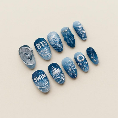 BTS Swim MV Press On Nails, Arirang Comeback 2026, 3D Shark Blue Ocean Nails, Silver Wave Kpop Nail Set, Custom Concert Gift
