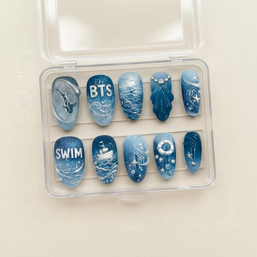 BTS Swim MV Press On Nails, Arirang Comeback 2026, 3D Shark Blue Ocean Nails, Silver Wave Kpop Nail Set, Custom Concert Gift