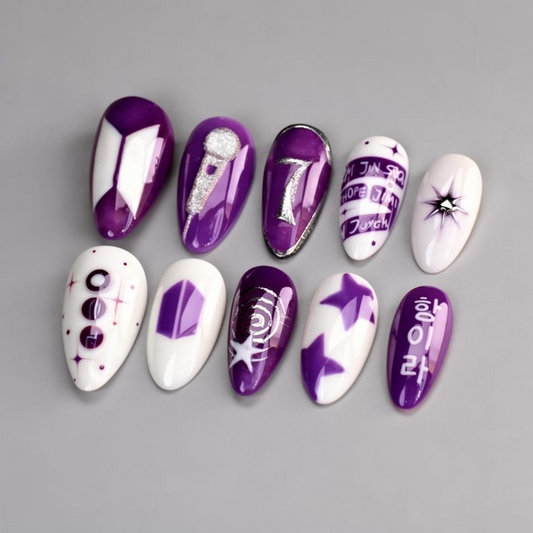 Arirang Album Press On Nails – 2026 K-pop Comeback Nails, 3D Silver Art Purple White Nails, Member Name Custom Nails, Kpop Concert Gift