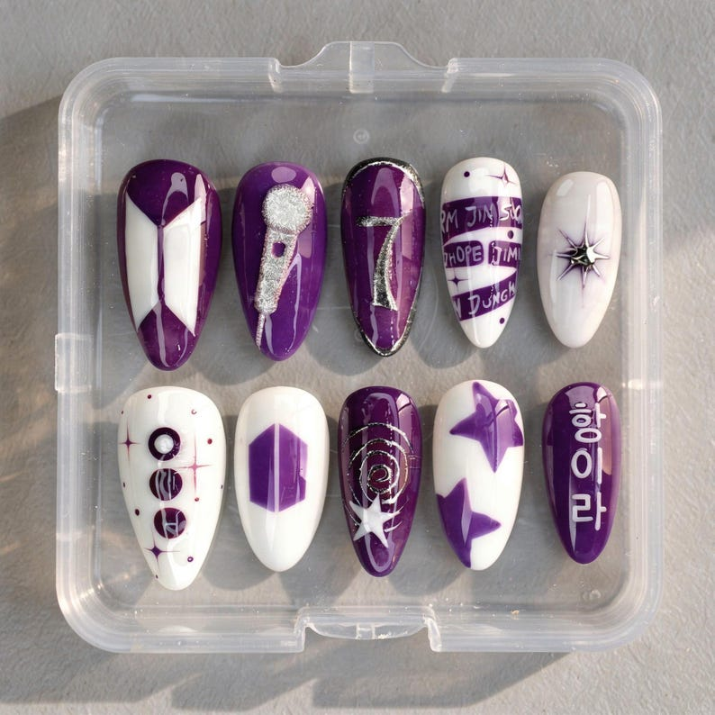 Arirang Album Press On Nails – 2026 K-pop Comeback Nails, 3D Silver Art Purple White Nails, Member Name Custom Nails, Kpop Concert Gift