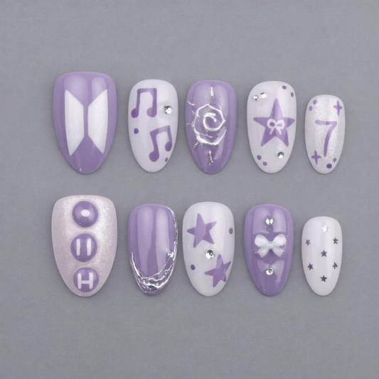Arirang OT7 Press On Nails, 2026 Comeback K-pop Nails, Purple Starry Nail Art, Custom Concert Gift for Fans