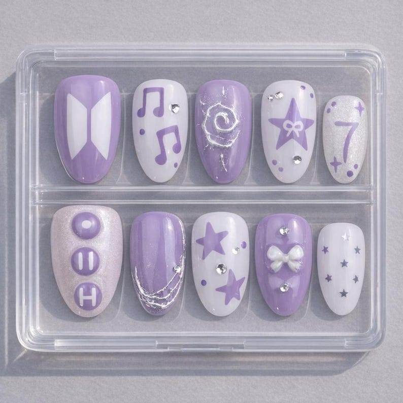 Arirang OT7 Press On Nails, 2026 Comeback K-pop Nails, Purple Starry Nail Art, Custom Concert Gift for Fans