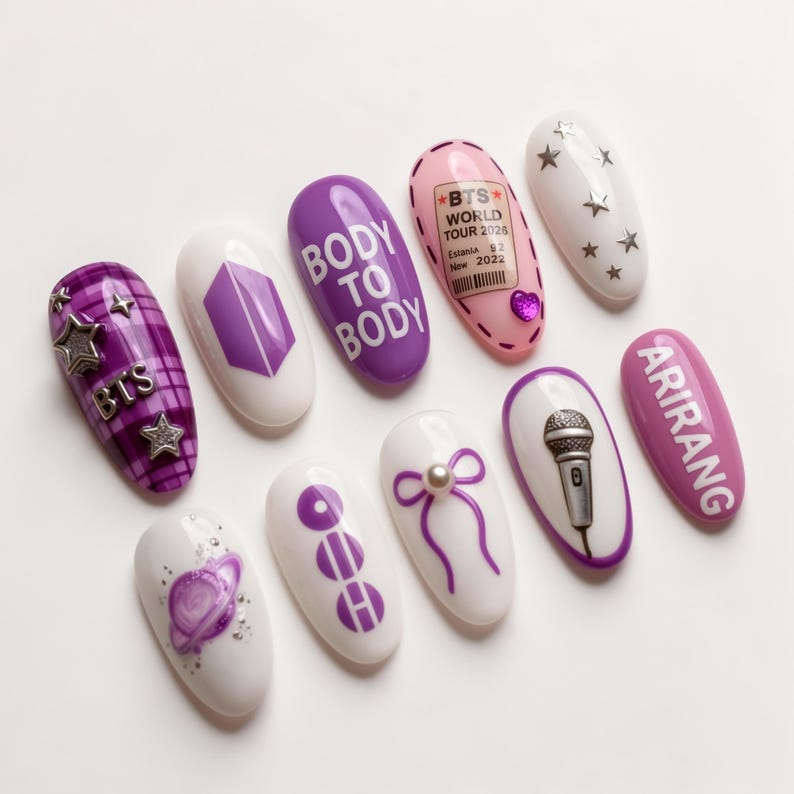 BTS Body-to-Body Inspired Press On Nails, Arirang World Tour 2026 Nails, Purple Starry Concert Nails, OT7 K-pop Fan Gift, Custom Gel Nails