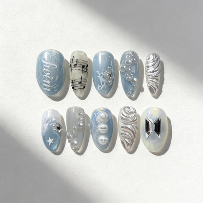 BTS Swim MV Press-On Nails – Arirang 2026 Comeback, 3D Silver Music Staff, Blue Iridescent Pearl K-pop Nails