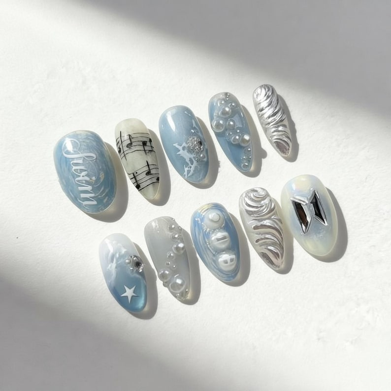 BTS Swim MV Press-On Nails – Arirang 2026 Comeback, 3D Silver Music Staff, Blue Iridescent Pearl K-pop Nails