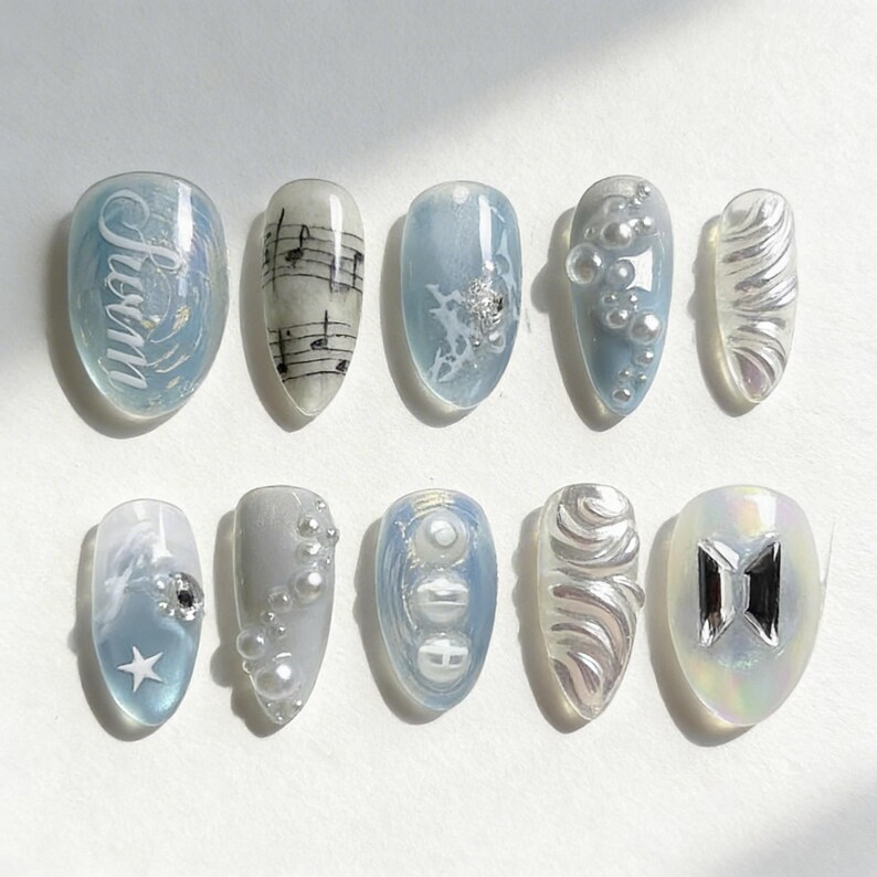 BTS Swim MV Press-On Nails – Arirang 2026 Comeback, 3D Silver Music Staff, Blue Iridescent Pearl K-pop Nails