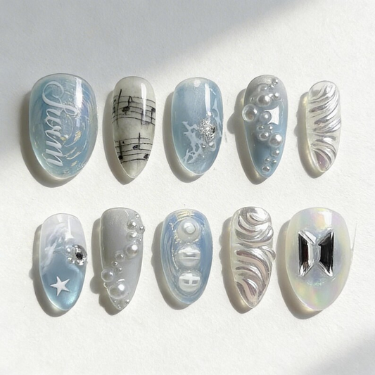 BTS Swim MV Press-On Nails – Arirang 2026 Comeback, 3D Silver Music Staff, Blue Iridescent Pearl K-pop Nails