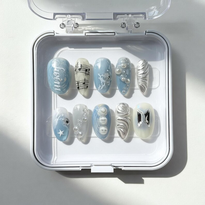 BTS Swim MV Press-On Nails – Arirang 2026 Comeback, 3D Silver Music Staff, Blue Iridescent Pearl K-pop Nails