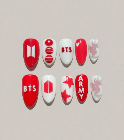 2026 World Tour Press On Nails, A.ri.rang New Album, Red and White ARMY Fandom Gift, Hand Painted 3D BTS Logo Nails