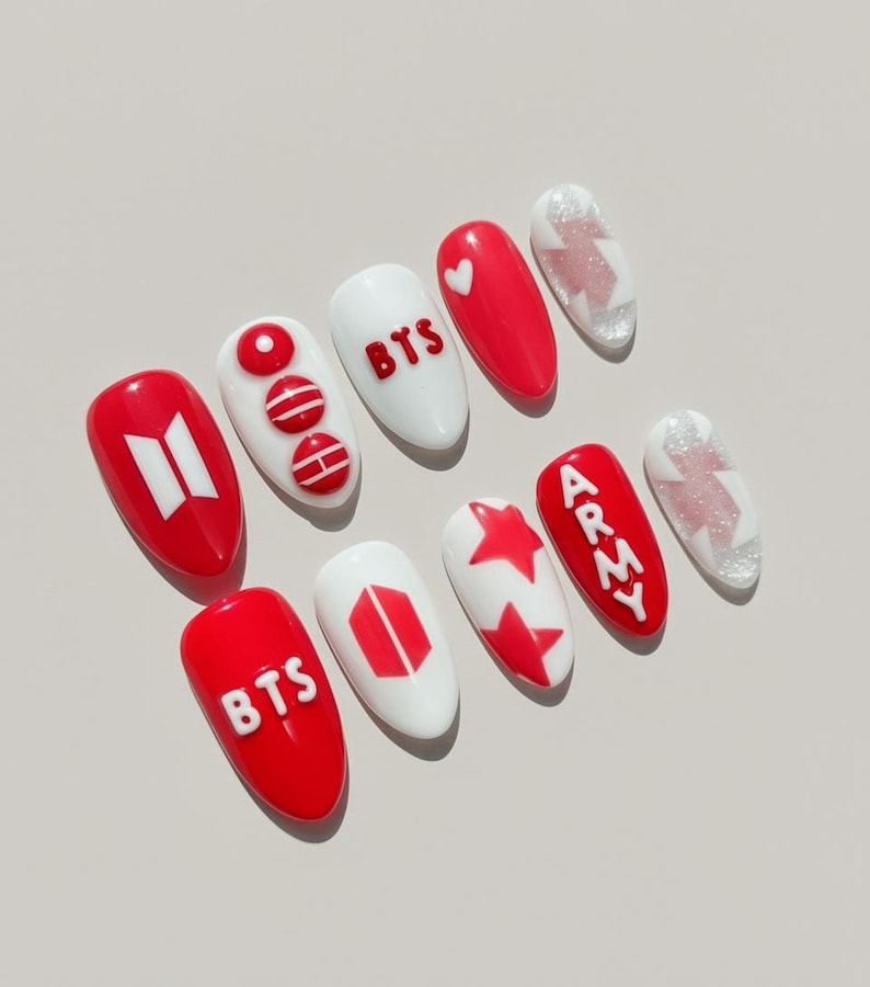 2026 World Tour Press On Nails, A.ri.rang New Album, Red and White ARMY Fandom Gift, Hand Painted 3D BTS Logo Nails