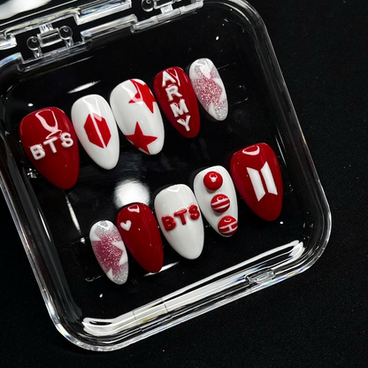 2026 World Tour Press On Nails, A.ri.rang New Album, Red and White ARMY Fandom Gift, Hand Painted 3D BTS Logo Nails
