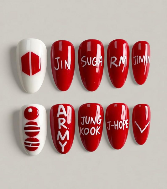 Hand Painted Arirang Tour Press On Nails, Red White ARMY Fandom 3D Logo