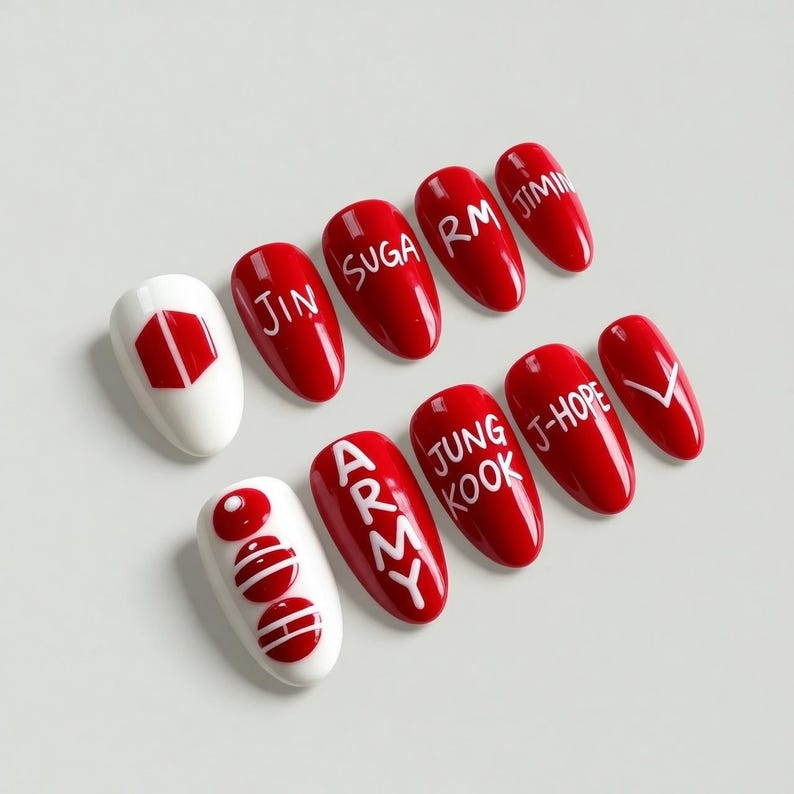 Hand Painted Arirang Tour Press On Nails, Red White ARMY Fandom 3D Logo