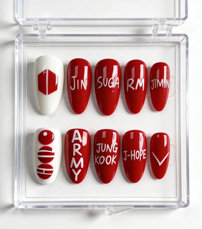 Hand Painted Arirang Tour Press On Nails, Red White ARMY Fandom 3D Logo